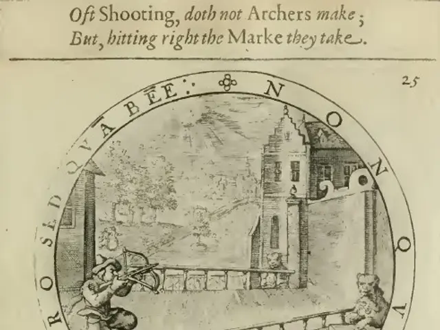 The image shows an old book with a drawing of a man holding a bow and arrow, surrounded by a few...