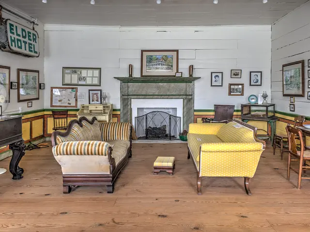 The image shows a living room filled with furniture such as sofas, chairs, tables, and a piano, as...