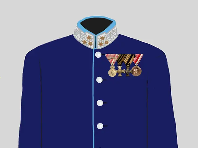 The image shows a blue jacket with a gold medal on it, which is likely the coat of arms of the...