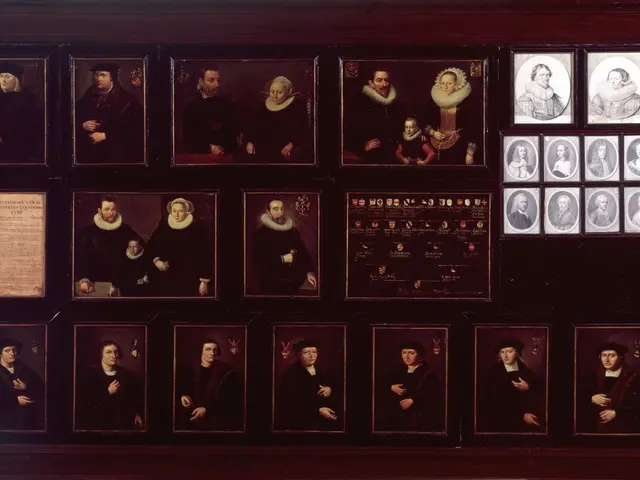 The image shows a wooden wall with a group of portraits of people in black and white. The portraits...