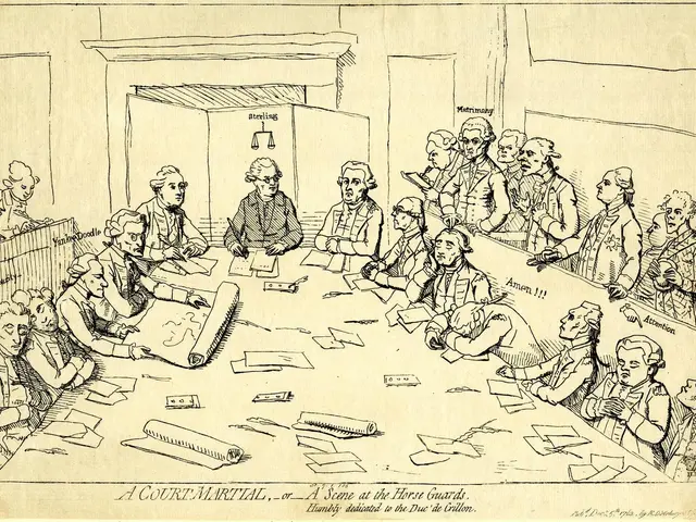 The image shows a courtroom with a group of people sitting around a long table. On the table there...