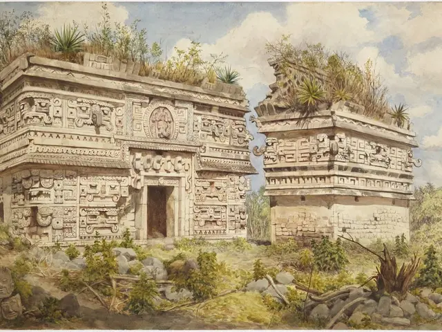 The image shows a painting of a Mayan temple in the jungle, surrounded by trees, plants, rocks, and...