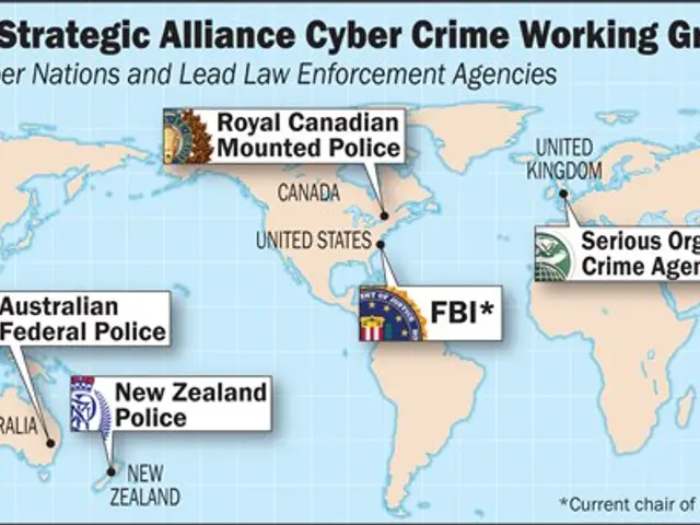 The image shows a poster with a map of the Strategic Alliance Cyber Crime Working Group, with logos...
