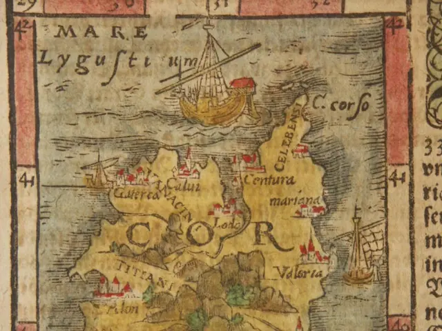 The image shows an old map of the island of Corsica, with text and pictures of boats and other...