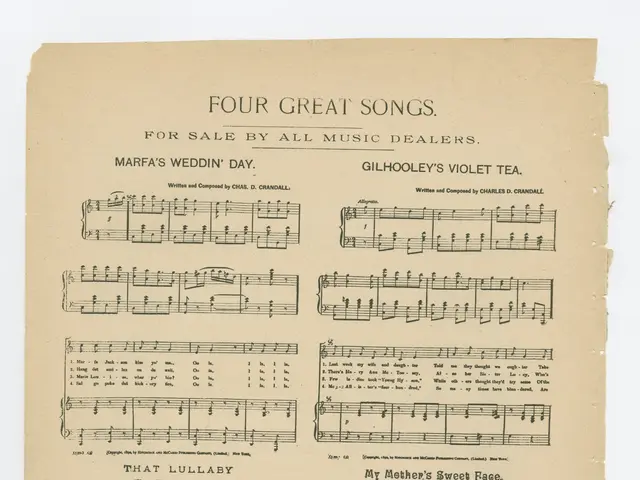 The image shows a paper with four great songs for sale by all music dealers written on it,...