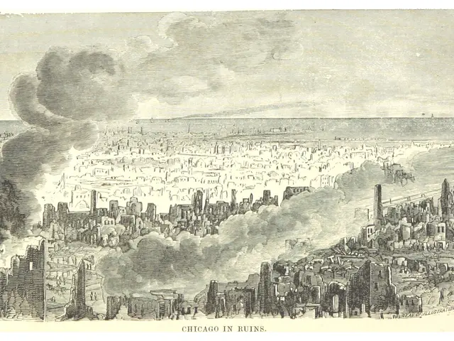 The image shows a black and white drawing of a city with smoke billowing out of it, depicting the...