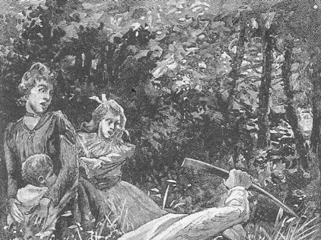 The image shows a black and white illustration of a man and two children in the woods, with the man...
