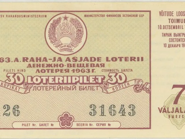 The image shows an old Russian lottery ticket with a picture of a man on it. The ticket has text,...