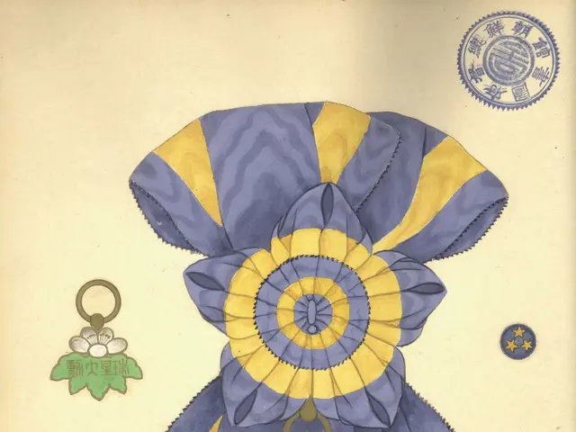 The image shows a drawing of a blue and yellow ribbon with a flower on it, which is the Order of...