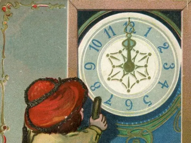 The image shows an old-fashioned Christmas card with a little boy on a ladder looking at a clock....