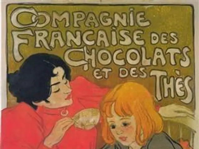 The image shows a poster advertising a chocolate shop in Paris, France. It features a woman and a...