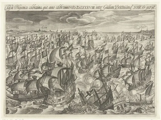The image shows a black and white engraving of a large group of ships in the ocean, with text at...