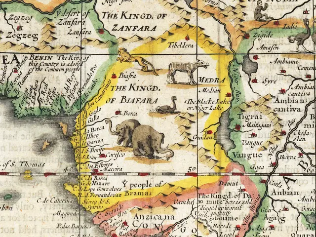 The image shows an old map of Africa with animals and text on it. The map is detailed and shows the...