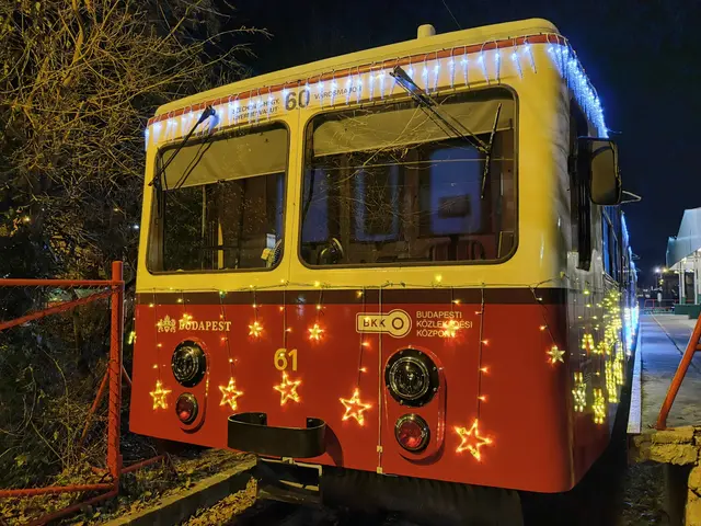 The image shows a red and white bus with Christmas lights on it parked on the side of a road. On...