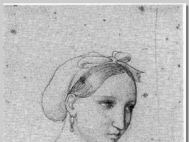 The image shows a black and white drawing of a woman with a bow on her head, created by Leonardo da...
