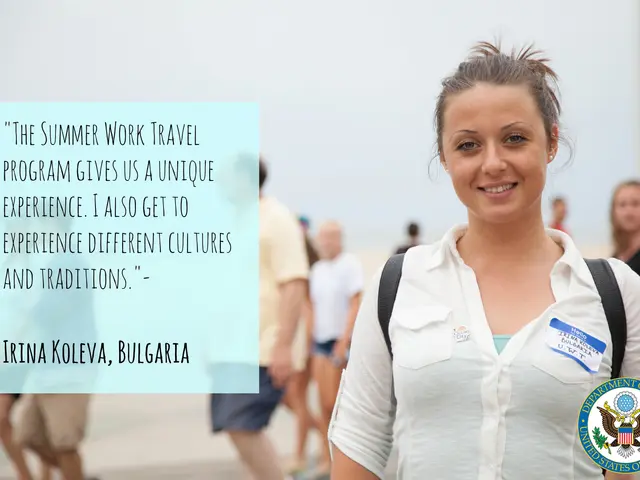 The image shows a woman wearing a bag and smiling, surrounded by a group of people walking on the...