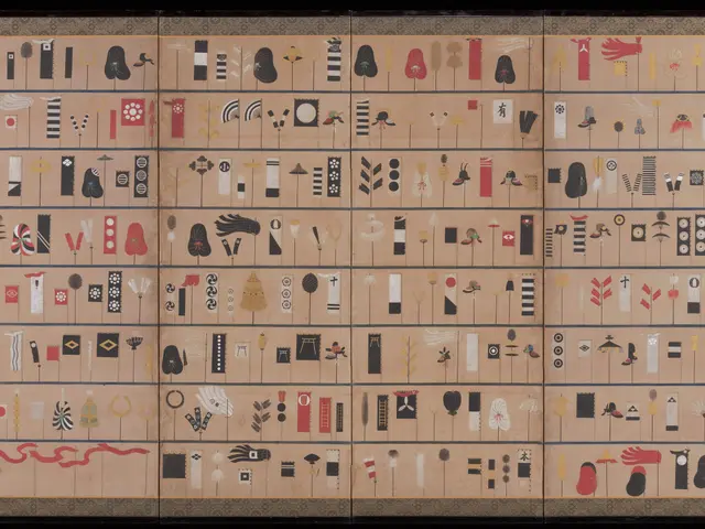 The image shows a Japanese screen with a black background and a variety of paintings on it. The...