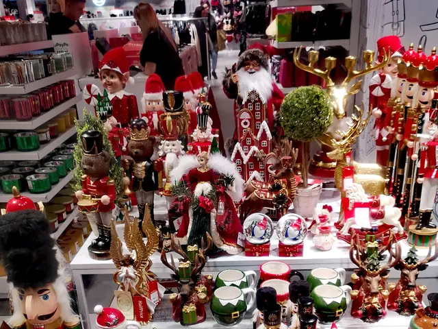 The image shows a store filled with lots of Christmas decorations, including toys, cups, and other...