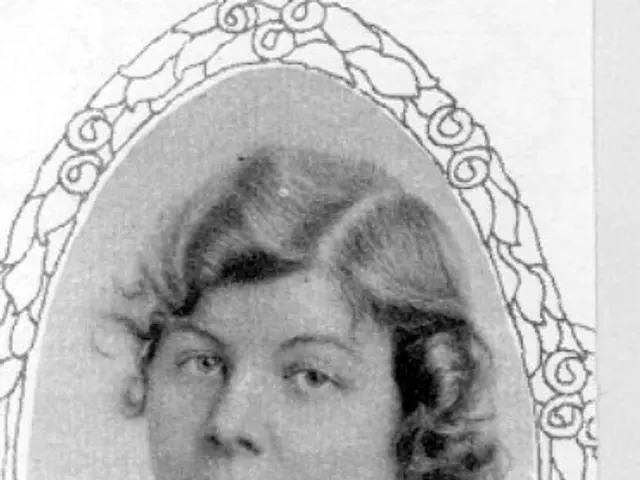 The image shows a black and white photo of a woman in a dress, believed to be the first lady of the...