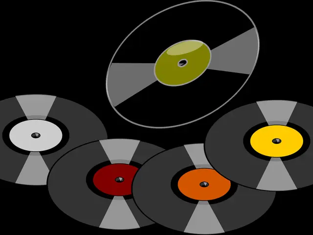 The image shows a group of four vinyl records on a white background. The records are animated,...