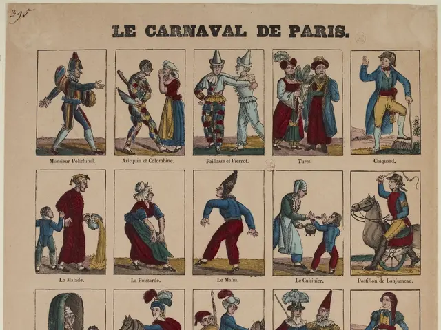 The image shows a paper with pictures of people wearing costumes from the Carnival of Paris. The...