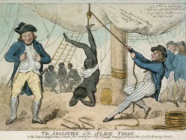 The image shows a paper with a drawing of a man in a cocked hat and a woman in a striped dress,...