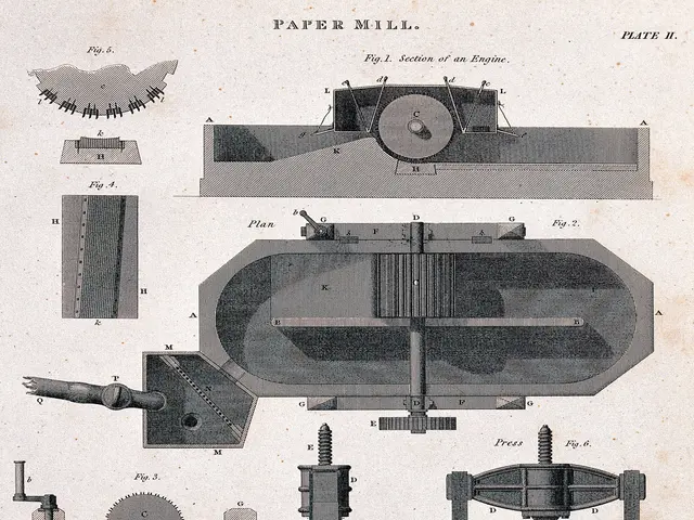 The image shows a paper with a drawing of a paper mill on it. The paper is filled with various...