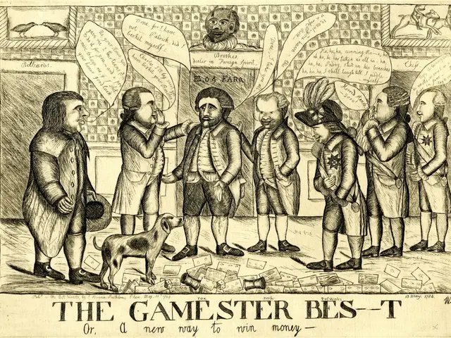 The image shows a paper with a drawing of a group of people and a dog, with the text "The Gamester...