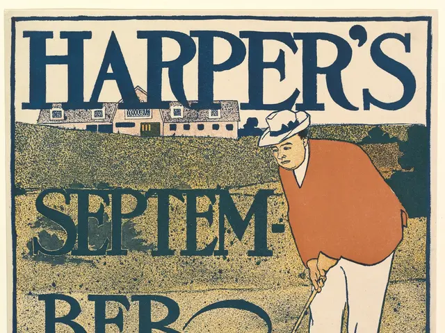 The image shows a poster of a person holding a golf club, with the words "Harper's September Ber"...