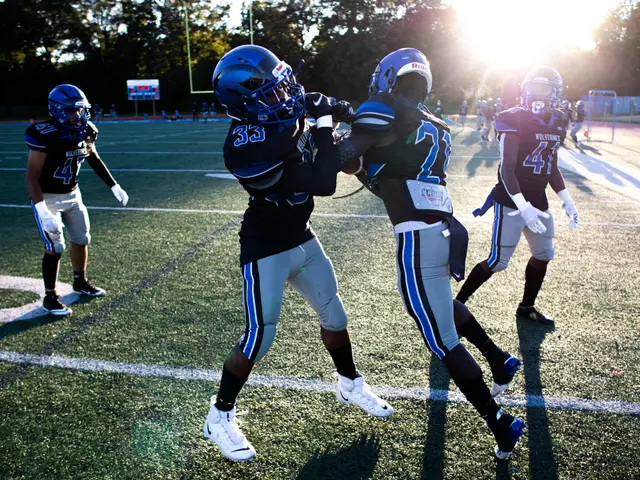 The image shows a group of young men playing football on a field surrounded by trees and a clear...