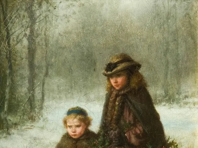 The image shows a painting of two children walking in the snow, surrounded by plants and trees in...