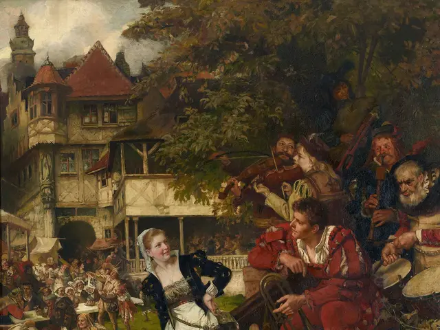 The image shows a painting of a group of people playing musical instruments in front of a building,...