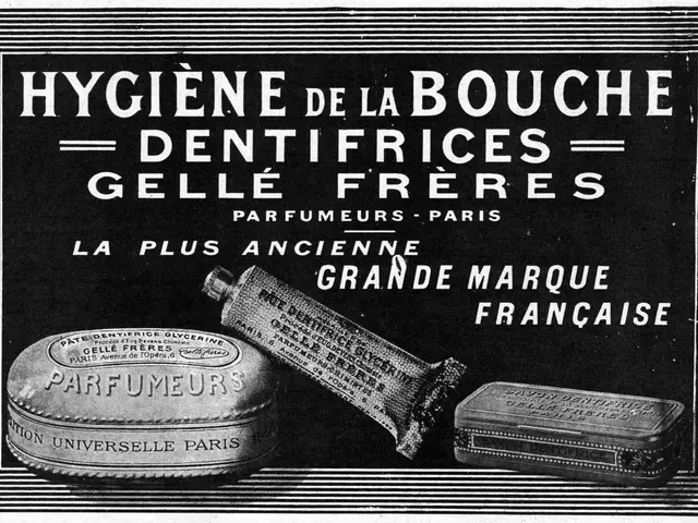 The image shows a black and white advertisement for a toothbrush and toothpaste, with text written...