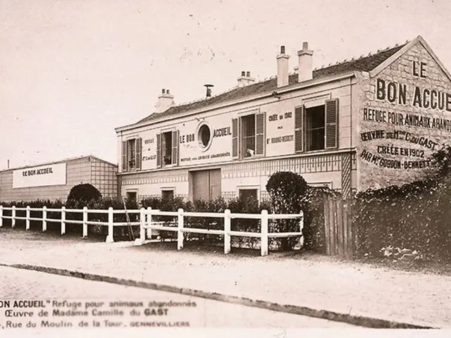 The image shows an old black and white photo of a building with windows, plants, a fence, and a sky...