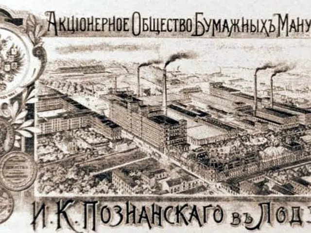 The image shows an old Russian banknote with a picture of a factory on it. The factory is depicted...