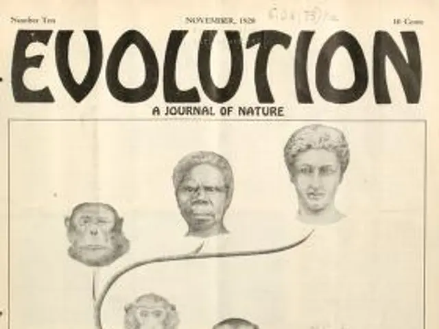 The image shows a paper with pictures of human faces and text that reads "Evolution: A Journal of...