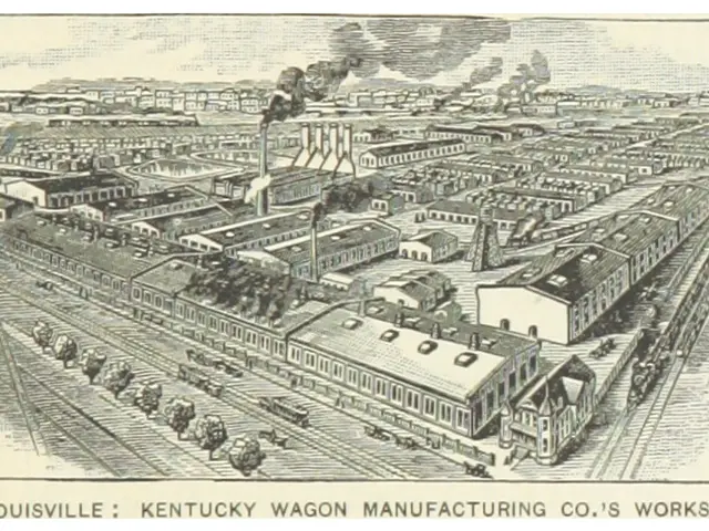 The image shows a poster of Louisville, Kentucky Wagon Manufacturing Co.'s Works, with a few...