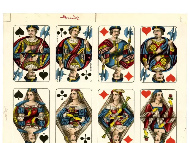 The image shows a playing card with a picture of a man and a woman on it. The man is wearing a...