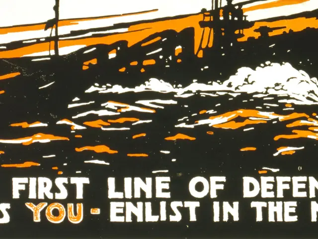 The image shows a poster with the text "The First Line of Defense Needs You - Enlist in the Navy"...