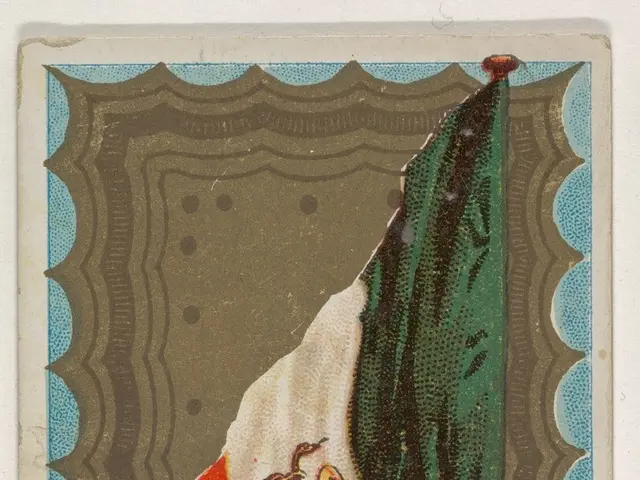 The image shows an old cigarette card with a Mexican flag on it. The flag is composed of three...