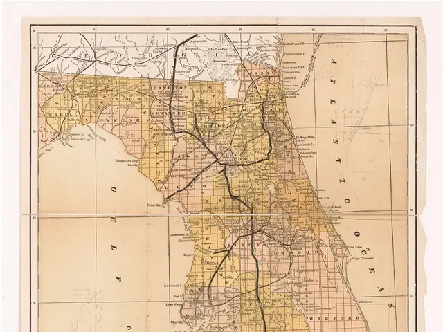 The image shows a poster of a new map of Florida from 1885. It is a detailed map with roads,...