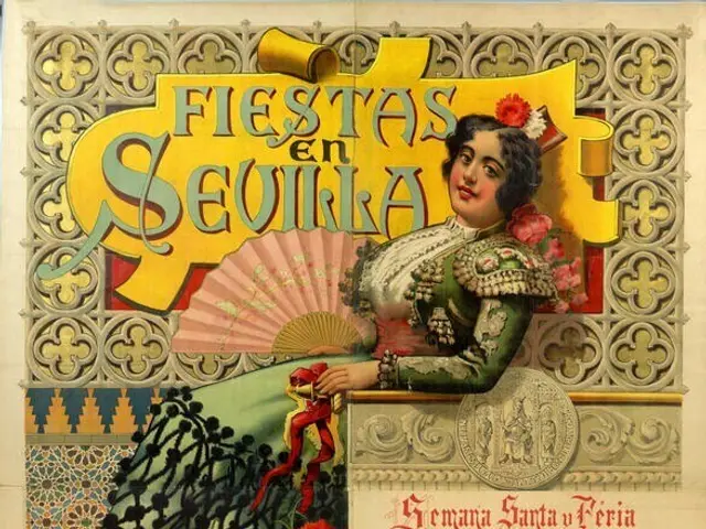 The image shows an old poster advertising a fiesta in Sevilla, Spain. It features a woman in a...