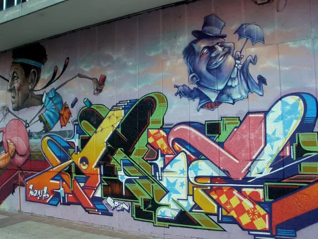 The image shows a mural on the side of a building with graffiti art on it. At the bottom of the...