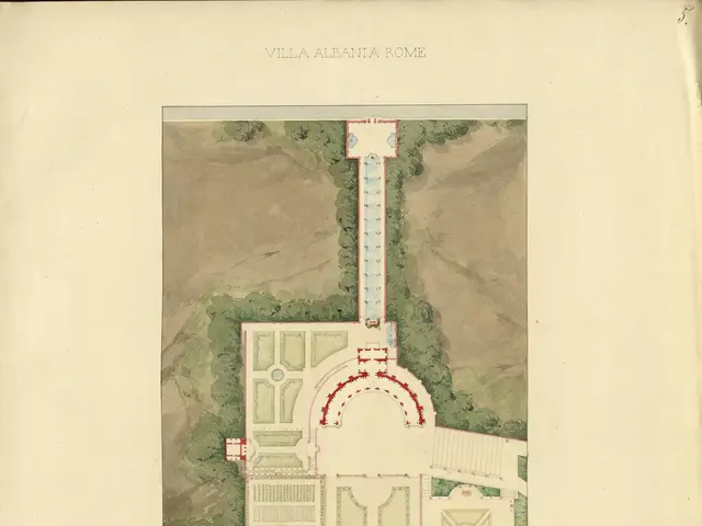 The image shows a plan of Villa Albania in Rome, Italy. It is a detailed drawing of the building,...