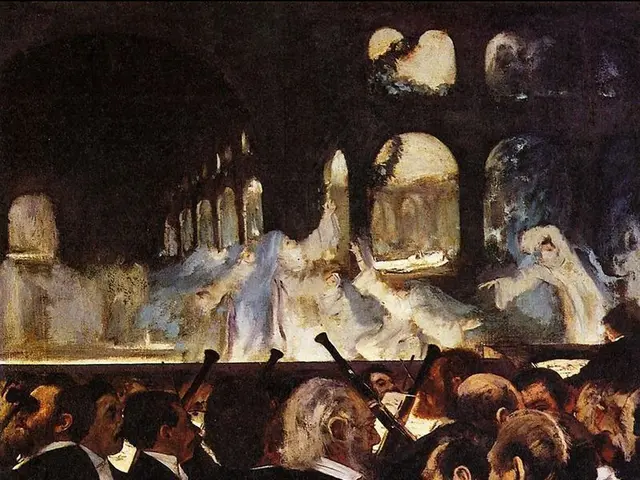 The image shows a painting of a group of people in a room, with some of them holding musical...