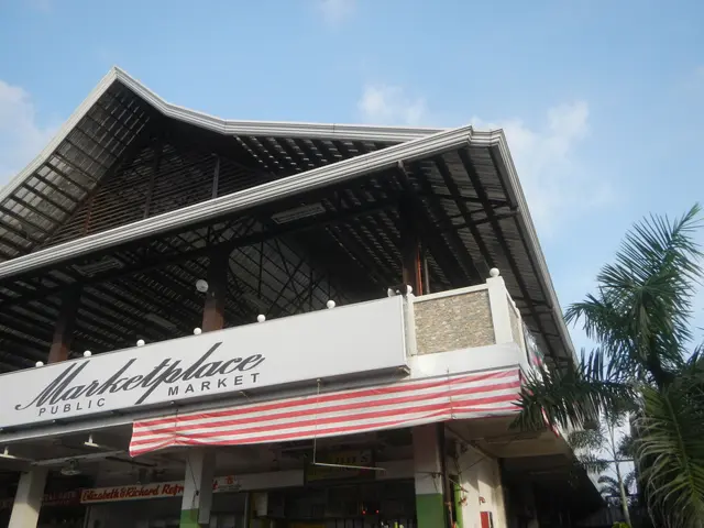 The image shows a marketplace with a sign that reads "Marketplace Public Market" in front of it,...