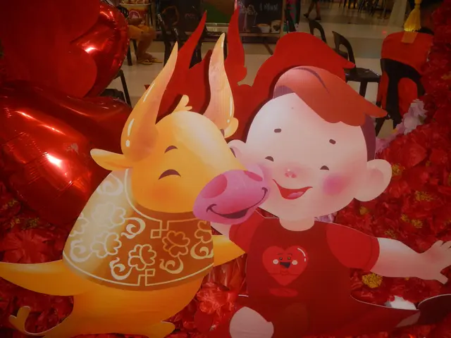 The image shows a Chinese New Year celebration with a cartoon image of a boy and a pig in the...
