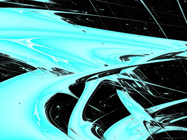 The image shows a computer generated painting of a blue and black abstract design with a black and...