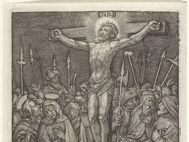 The image shows a black and white engraving of Jesus on the cross surrounded by a group of people,...