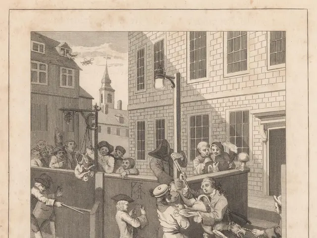 The image shows a paper with a drawing of a group of people and animals in the foreground, with...